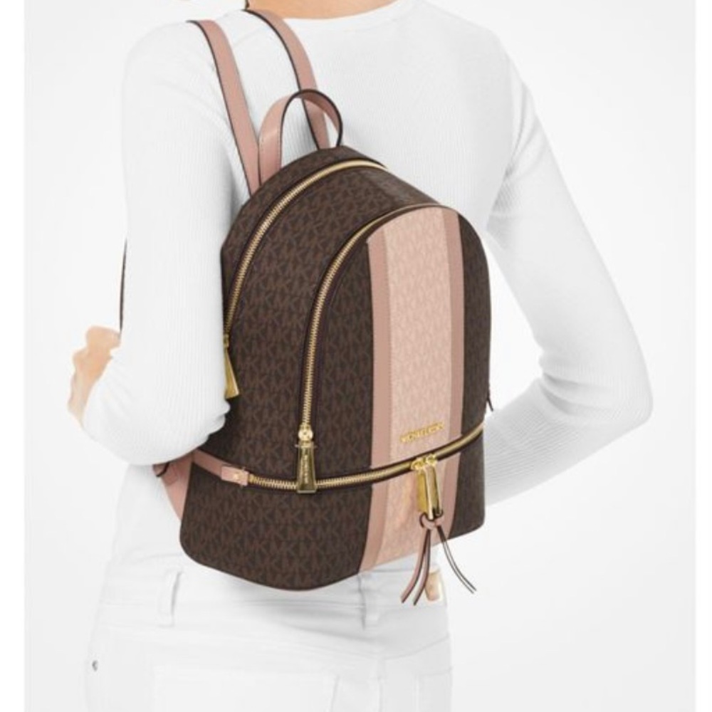 Women's Brown Rhea Medium Striped Logo And Leather Backpack
